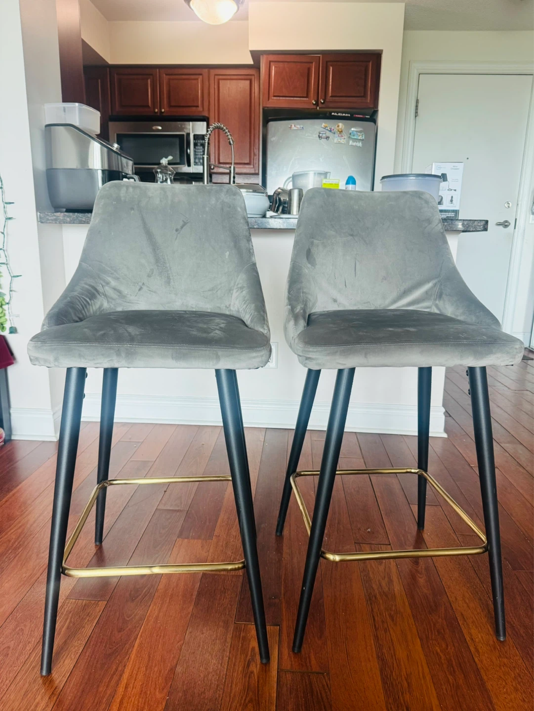 Grey Velvet Bar Stools - Set of 2