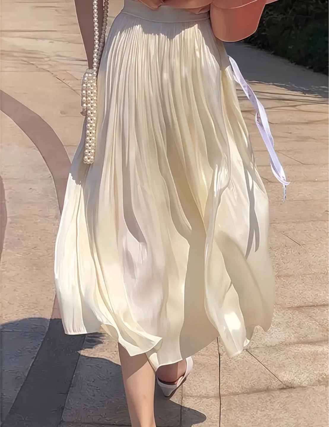 Cream Pleated Midi Skirt