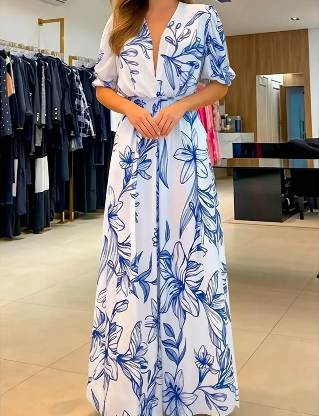 Maxi Dress with Blue Floral Print