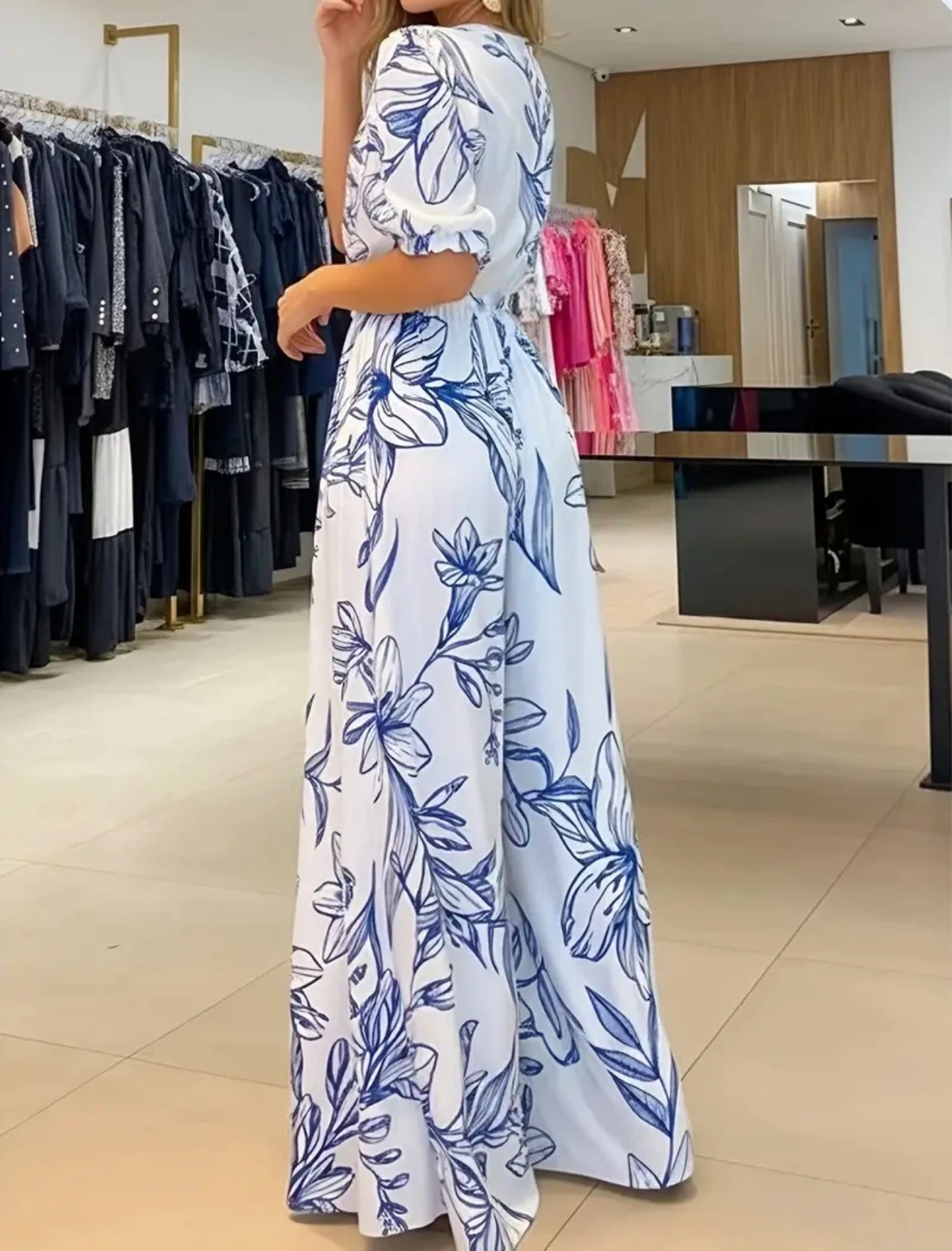 Maxi Dress with Blue Floral Print - photo 3
