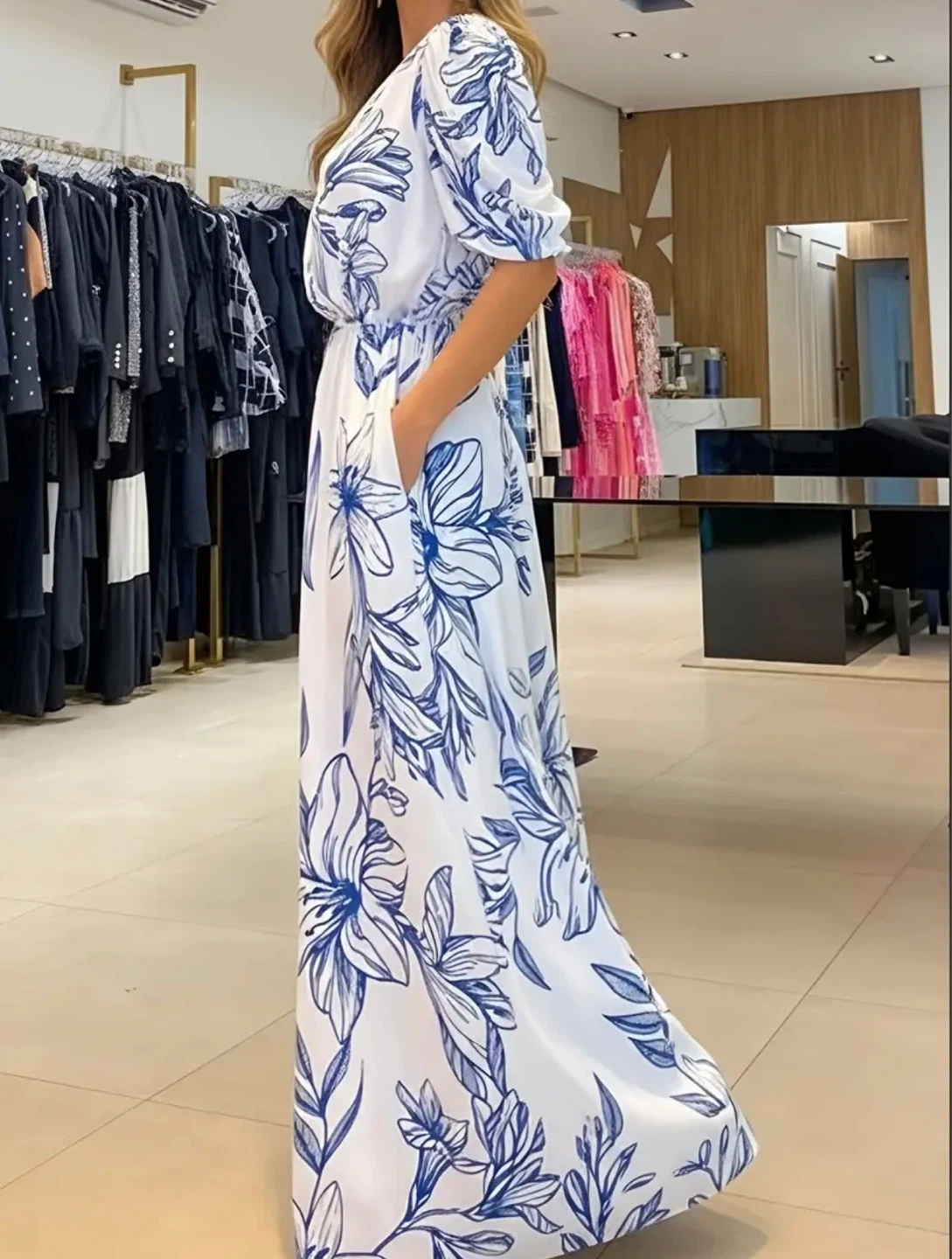 Maxi Dress with Blue Floral Print - photo 2
