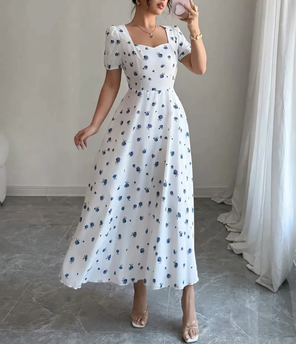 White Floral Midi Dress with Square Neck