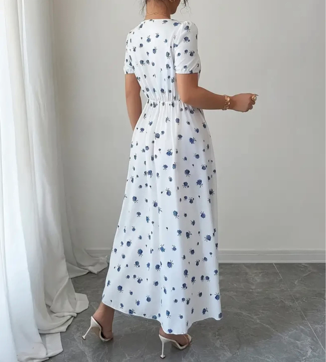 White Floral Midi Dress with Square Neck - photo 2