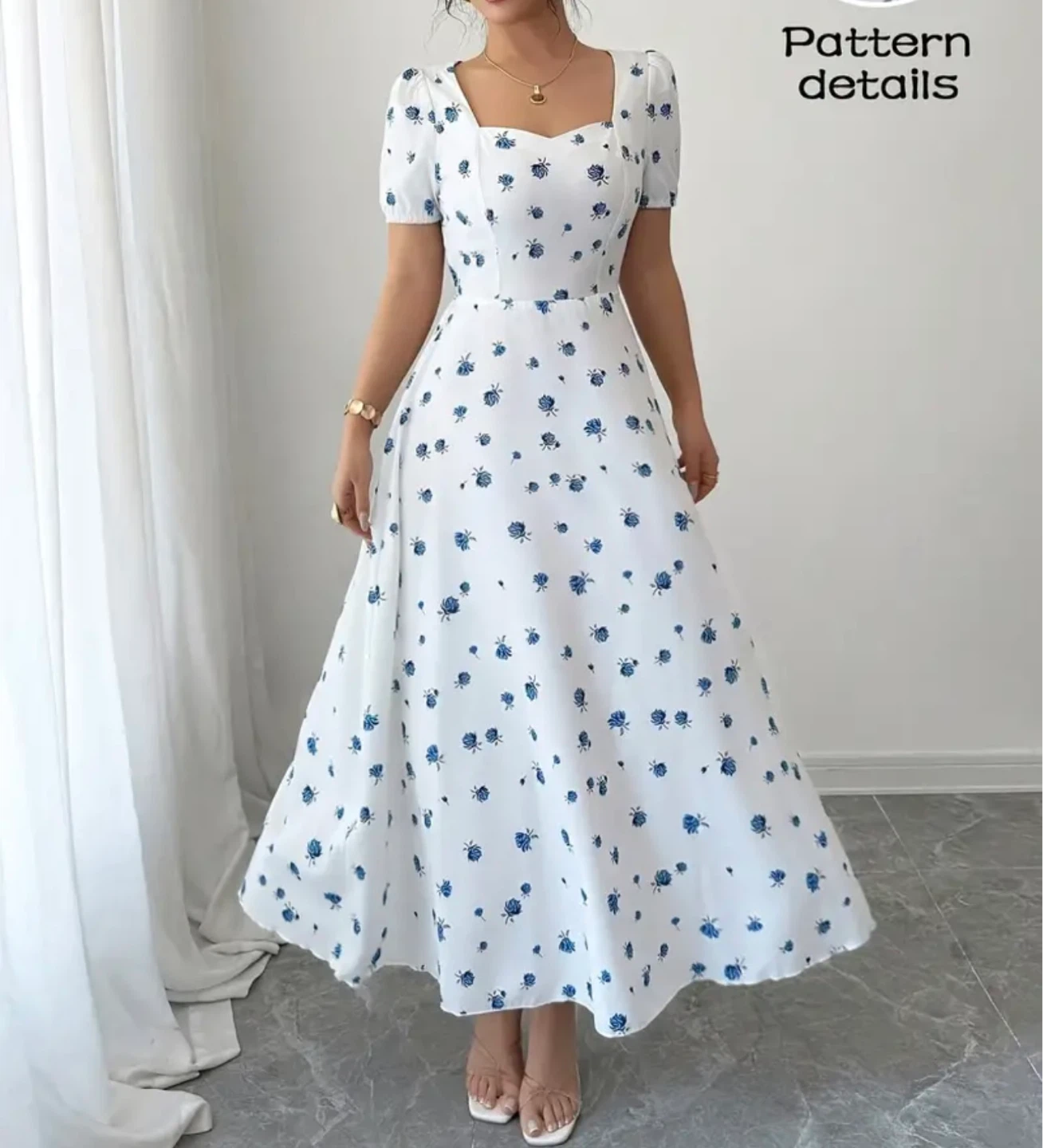 White Floral Midi Dress with Square Neck - photo 3