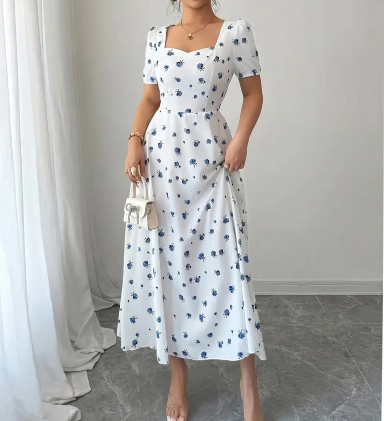 White Floral Midi Dress with Square Neck - photo 4