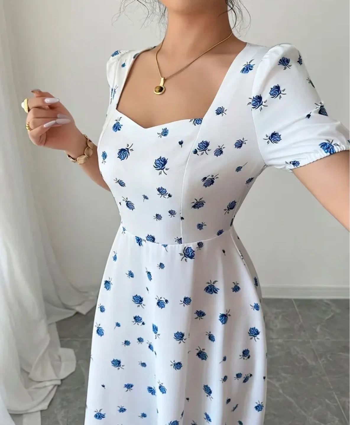 White Floral Midi Dress with Square Neck - photo 5