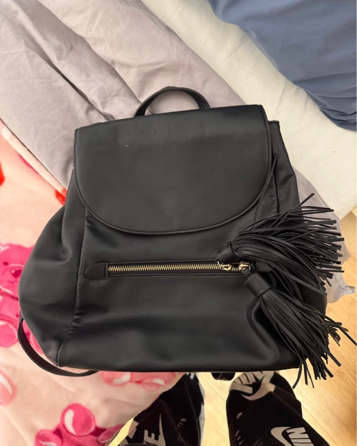 Black Faux Leather Backpack with Tassel