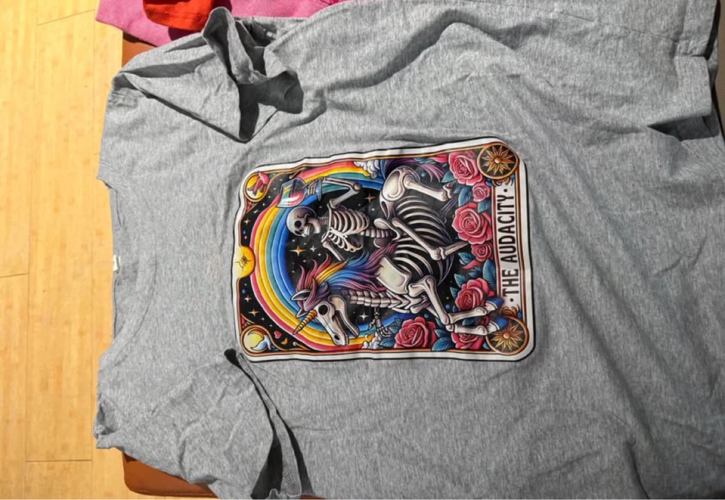 Grey T-Shirt with Skeleton and Unicorn Graphic