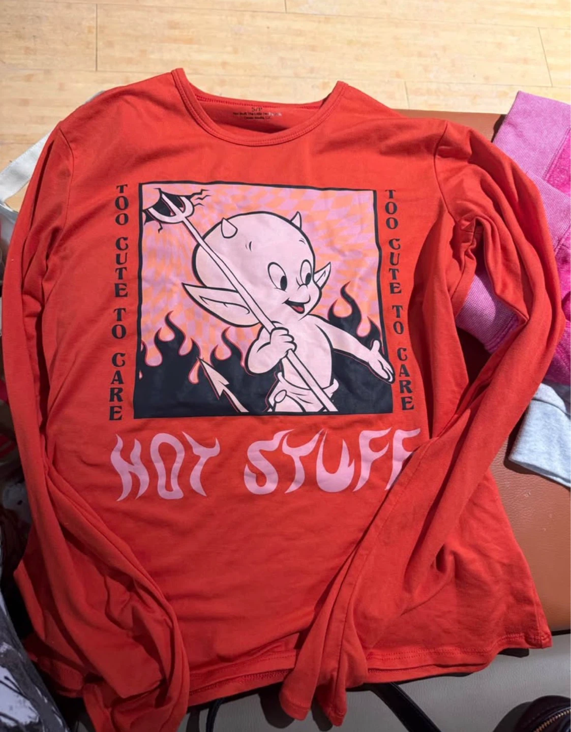 Orange Long Sleeve Graphic T-Shirt - Hot Stuff Devil