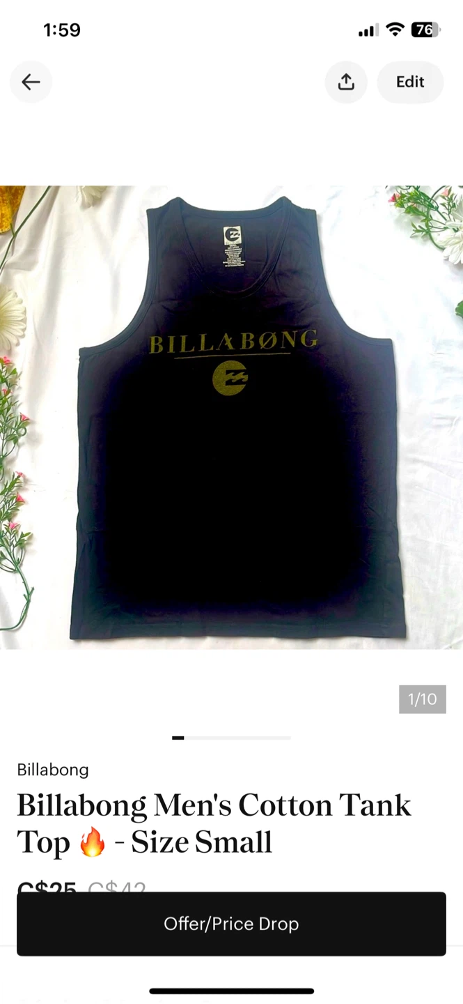 Billabong Men's Cotton Tank Top - Size Small