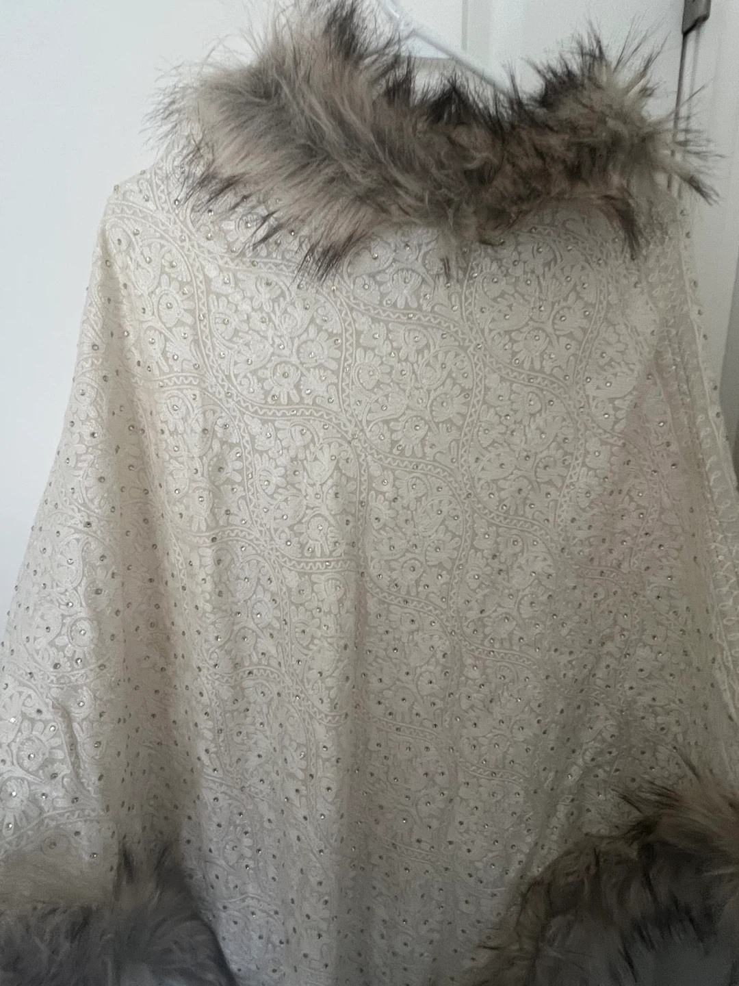 Cream Embroidered Poncho with Faux Fur Trim