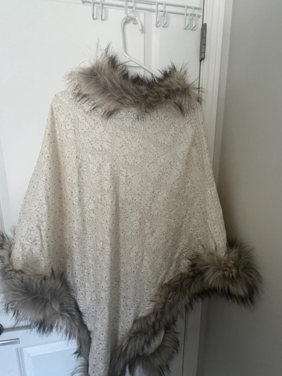 Cream Embroidered Poncho with Faux Fur Trim - photo 3
