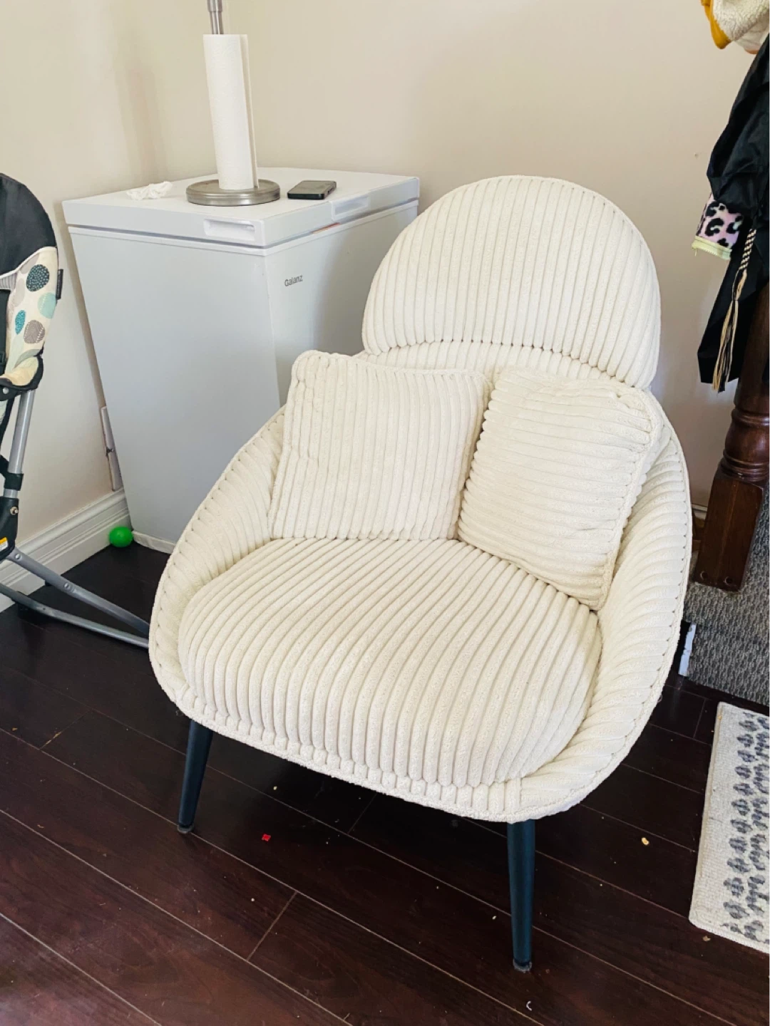 Cream Corduroy Accent Chair with 2 Pillows