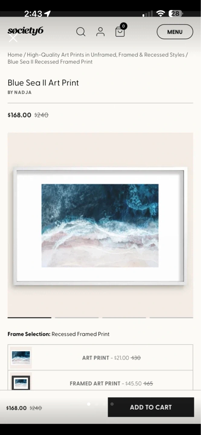 Society6 Blue Sea II Recessed Framed Print - 24" x 36"