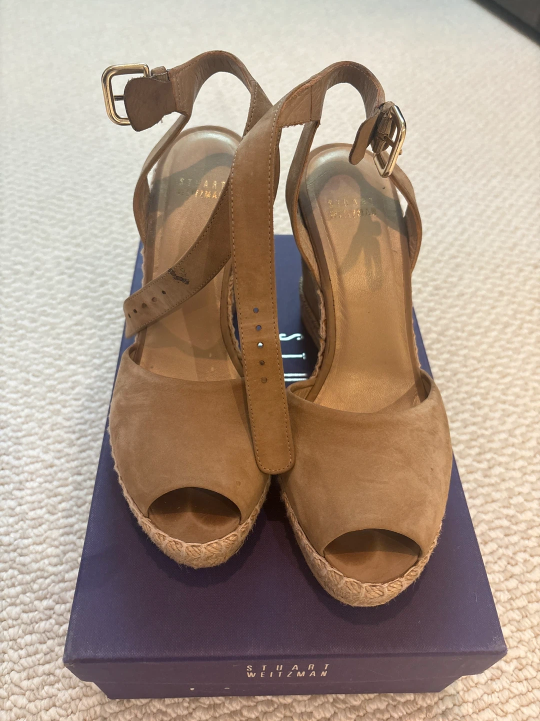 Stuart Weitzman Tan Suede Wedge Espadrille Sandals