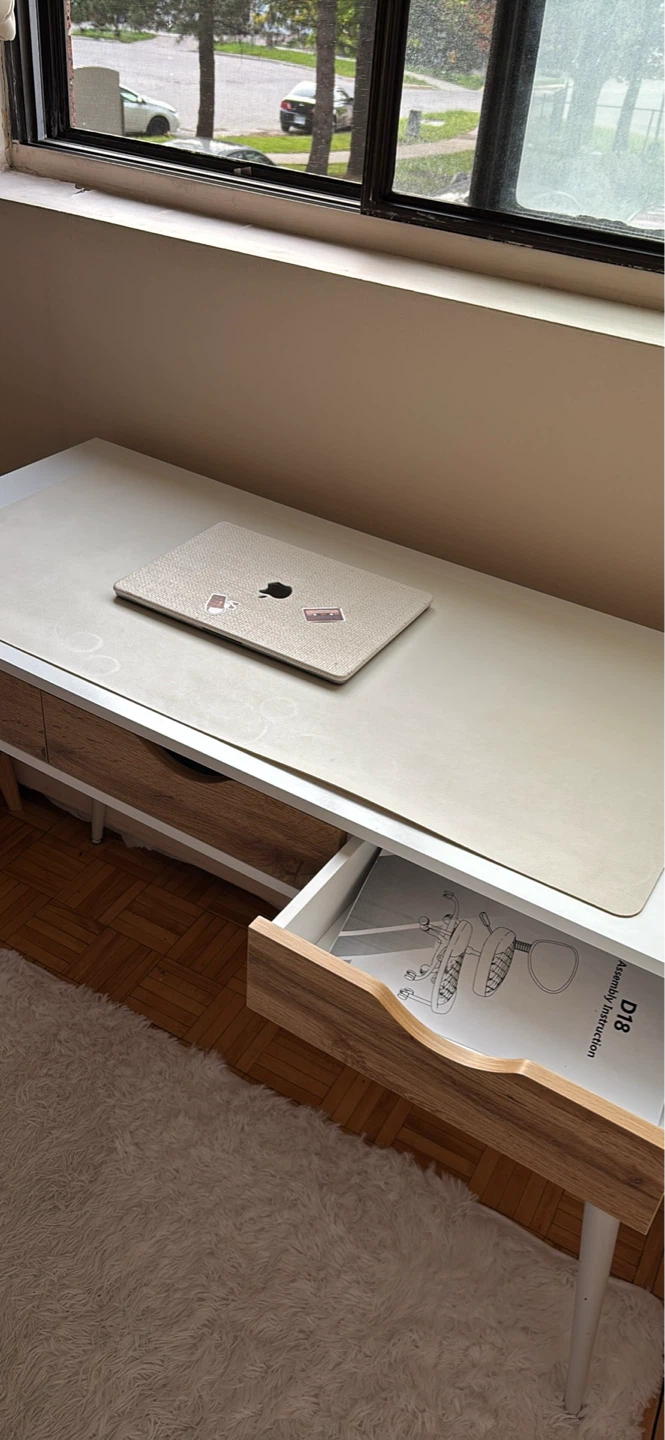 Large White and Woodgrain Desk with Drawers