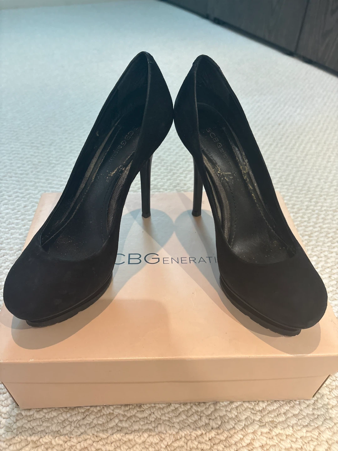 BCBG Generation Black Suede Platform Pumps