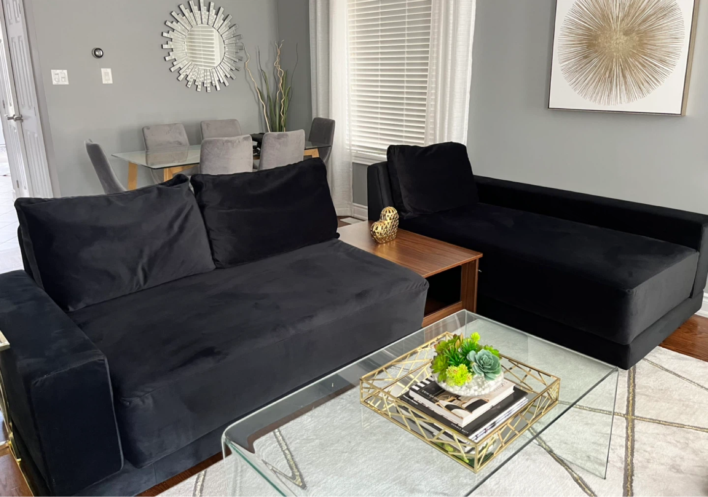 Black Velvet Sectional Sofa with Chaise