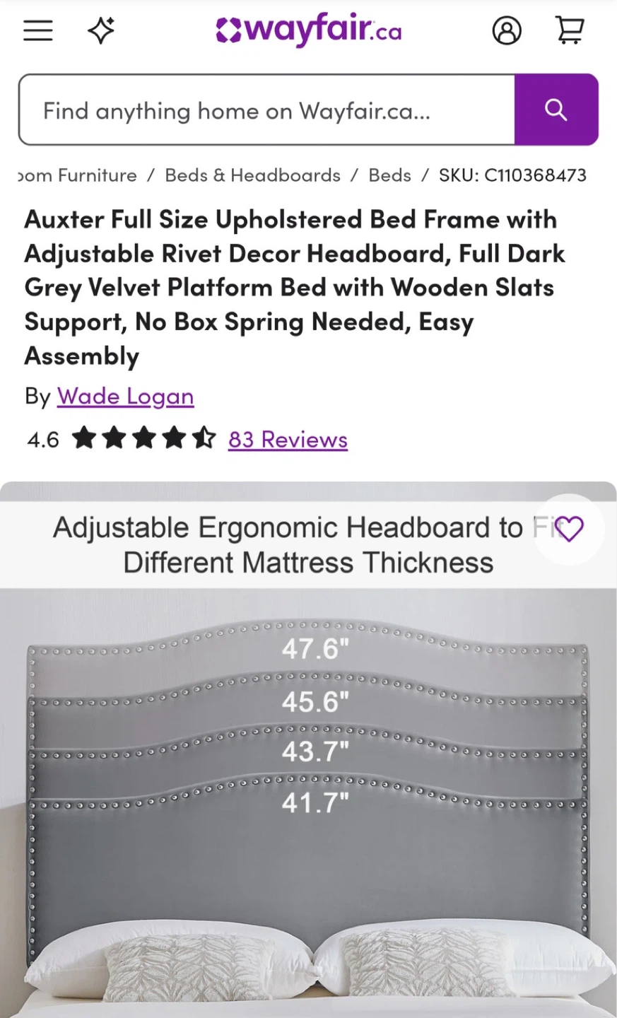 Upholstered Bed Frame - Dark Grey Velvet - photo 4