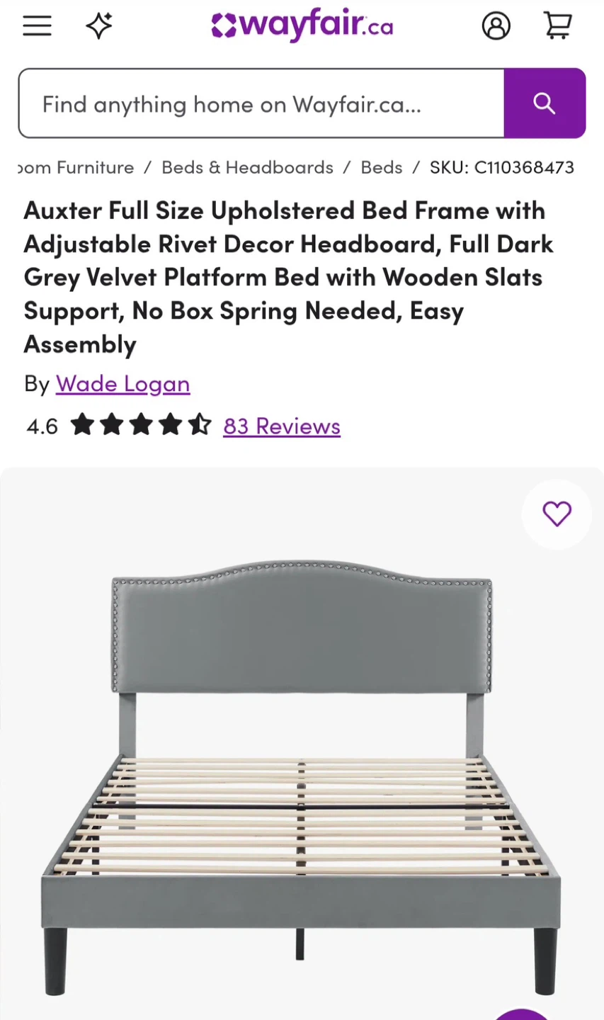 Upholstered Bed Frame - Dark Grey Velvet - photo 2