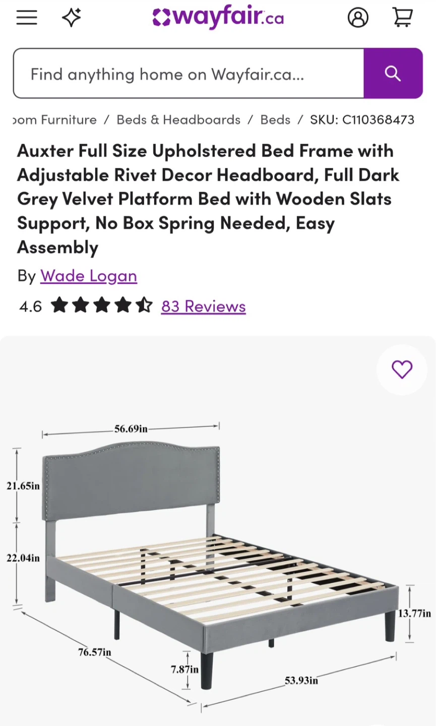Upholstered Bed Frame - Dark Grey Velvet