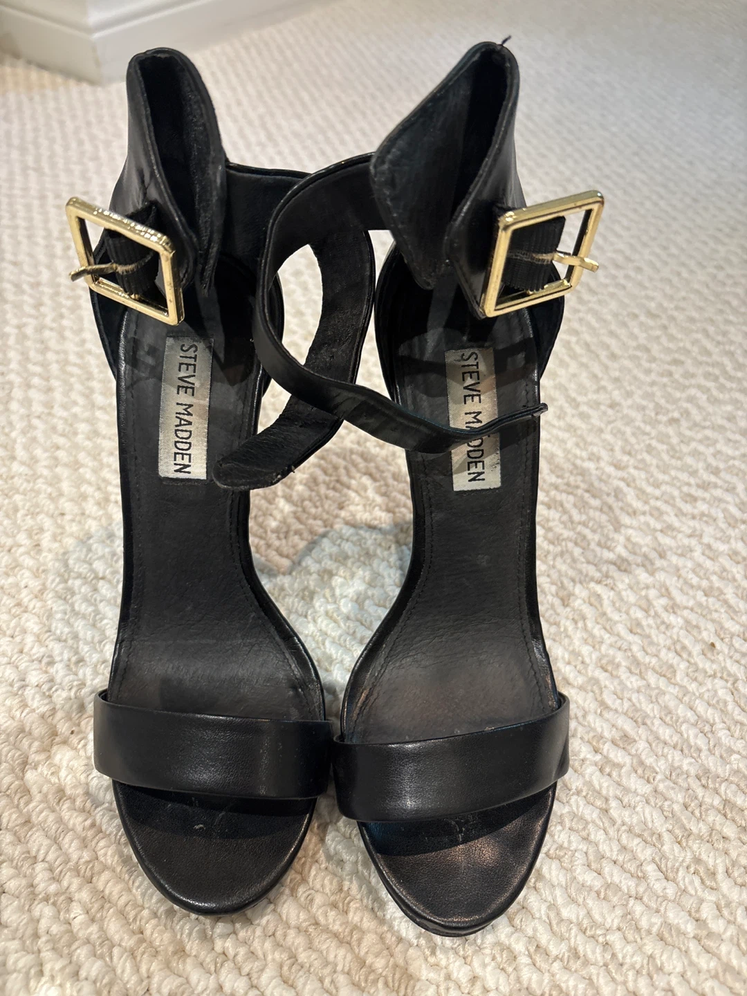 Steve Madden Black Leather Heeled Sandals with Gold Buckles