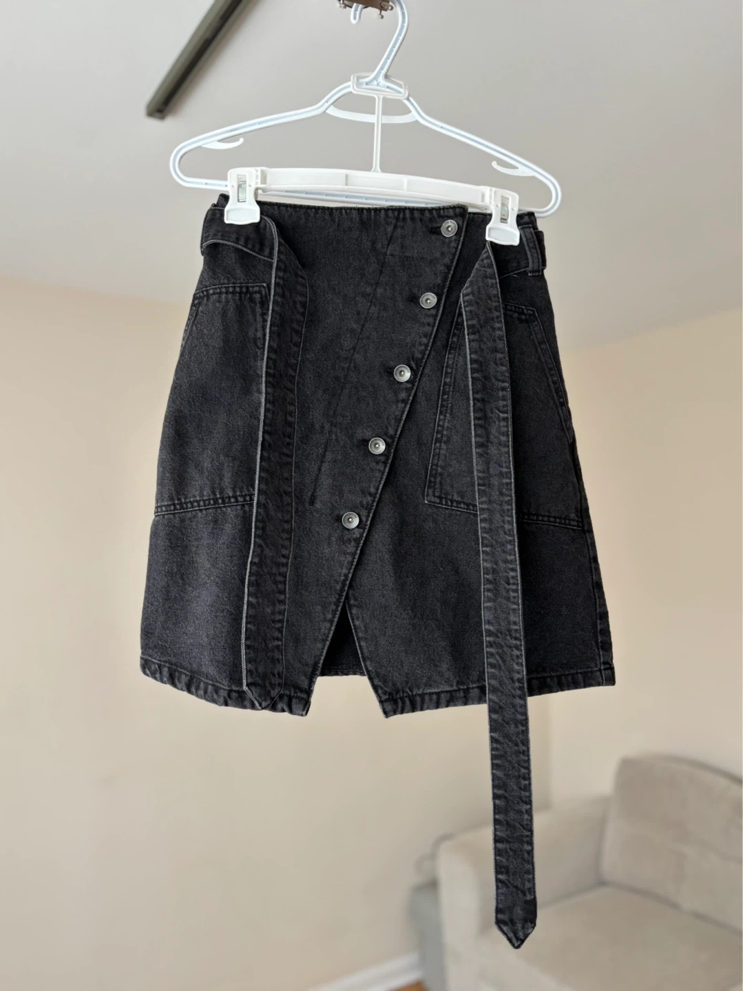 Black Denim Belted A-Line Skirt