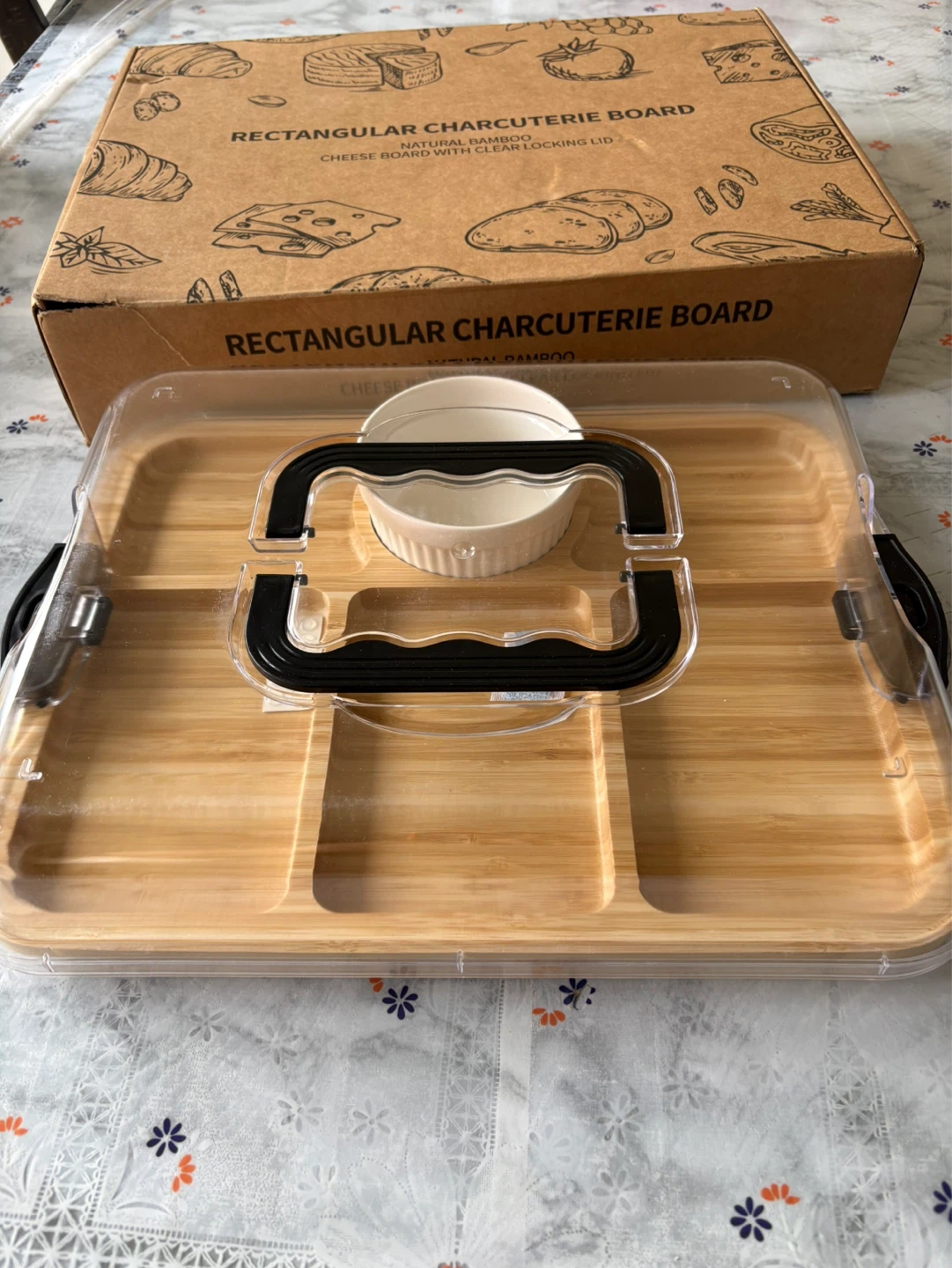 Bamboo Charcuterie Serving Tray with Locking Clear Lid