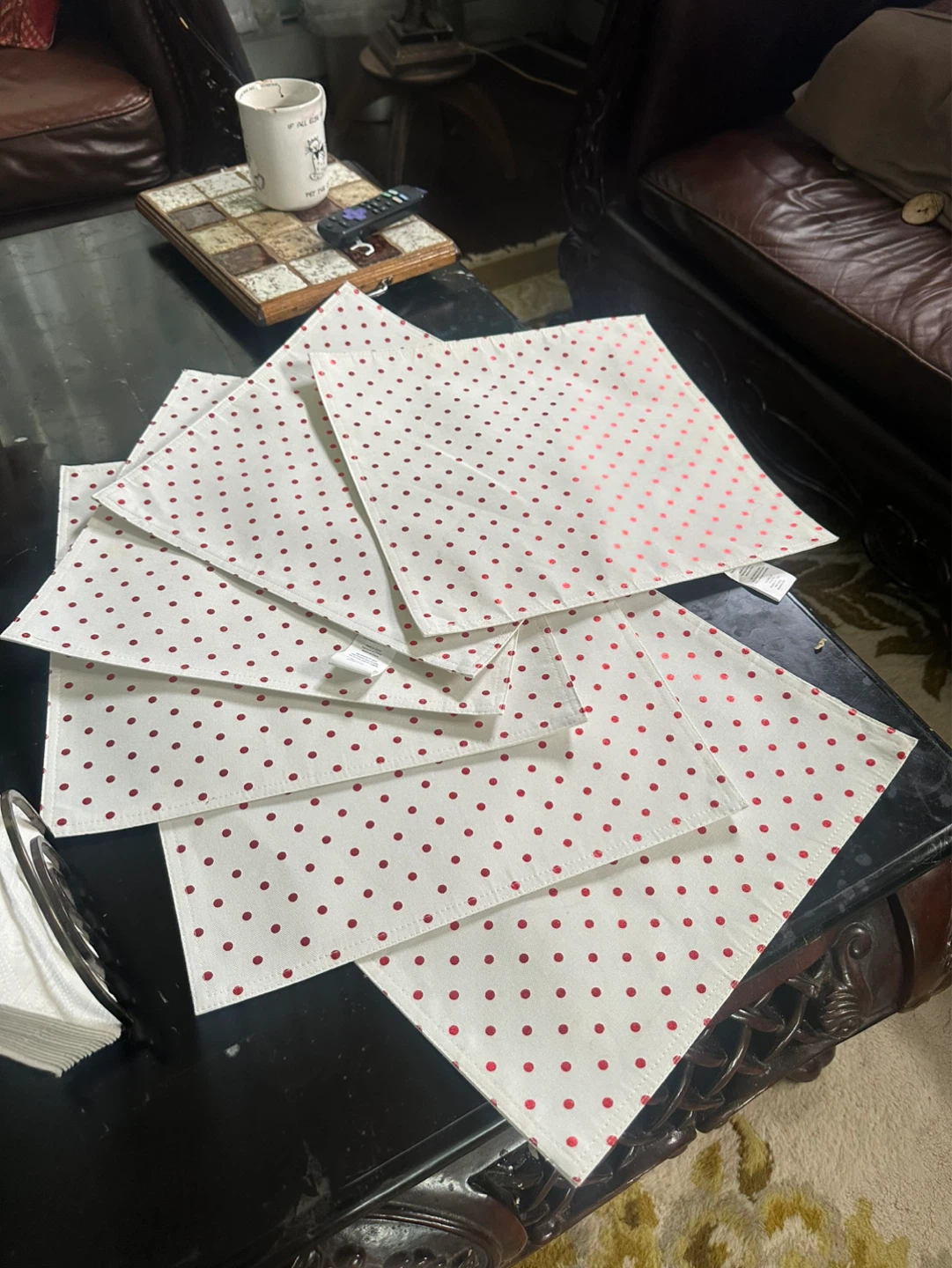 Package of 6 White  Placemat with Red Polkadots