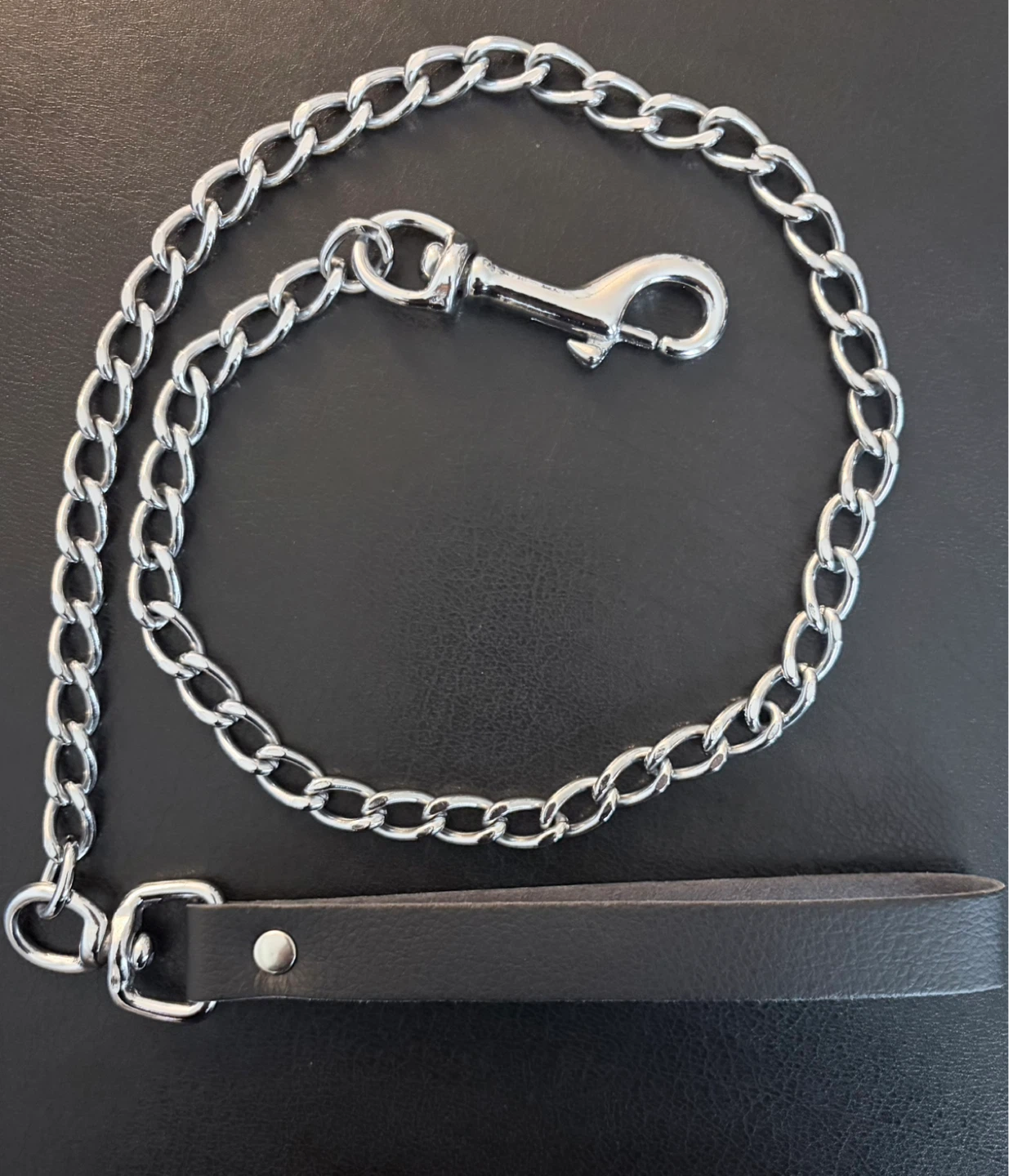 Short Silver Leash with Black Leather Handle