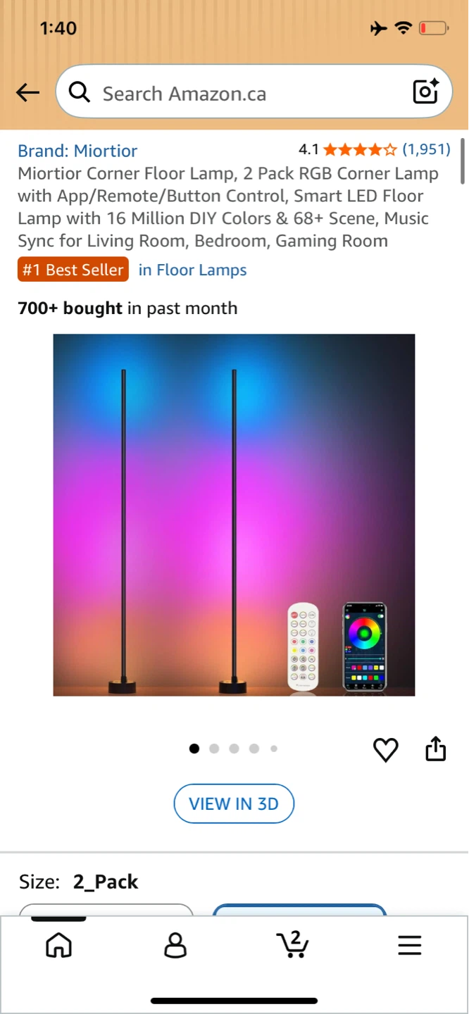 Miortior Corner Floor Lamp, 2 Pack RGB Smart LED