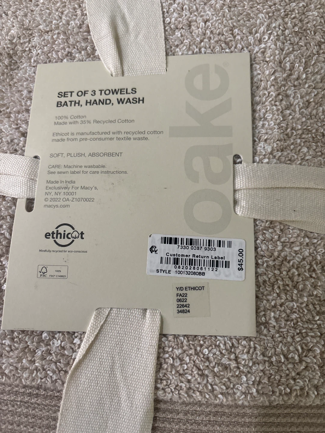New Oake Set of 3 Bath, Hand, Wash Towels - 100% Cotton - photo 4