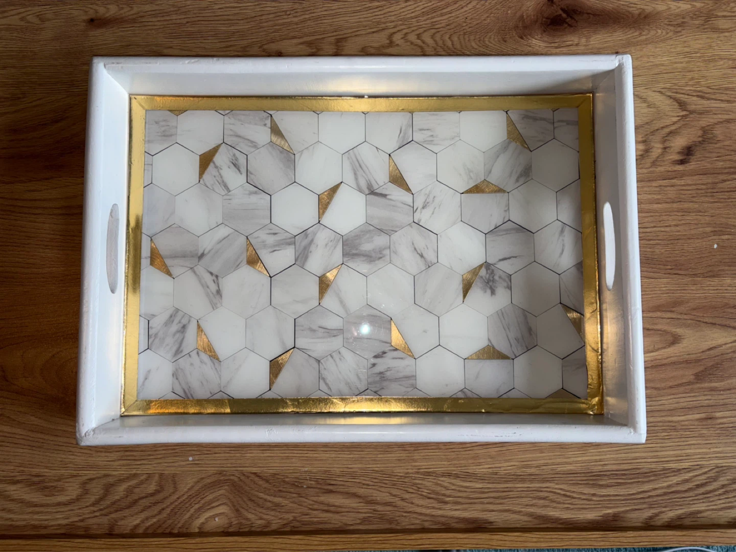 Decorative Serving Tray with Hexagonal Marble and Gold Inlay - photo 2