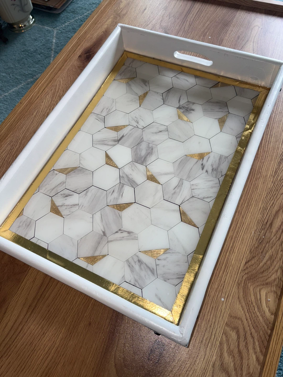 Decorative Serving Tray with Hexagonal Marble and Gold Inlay