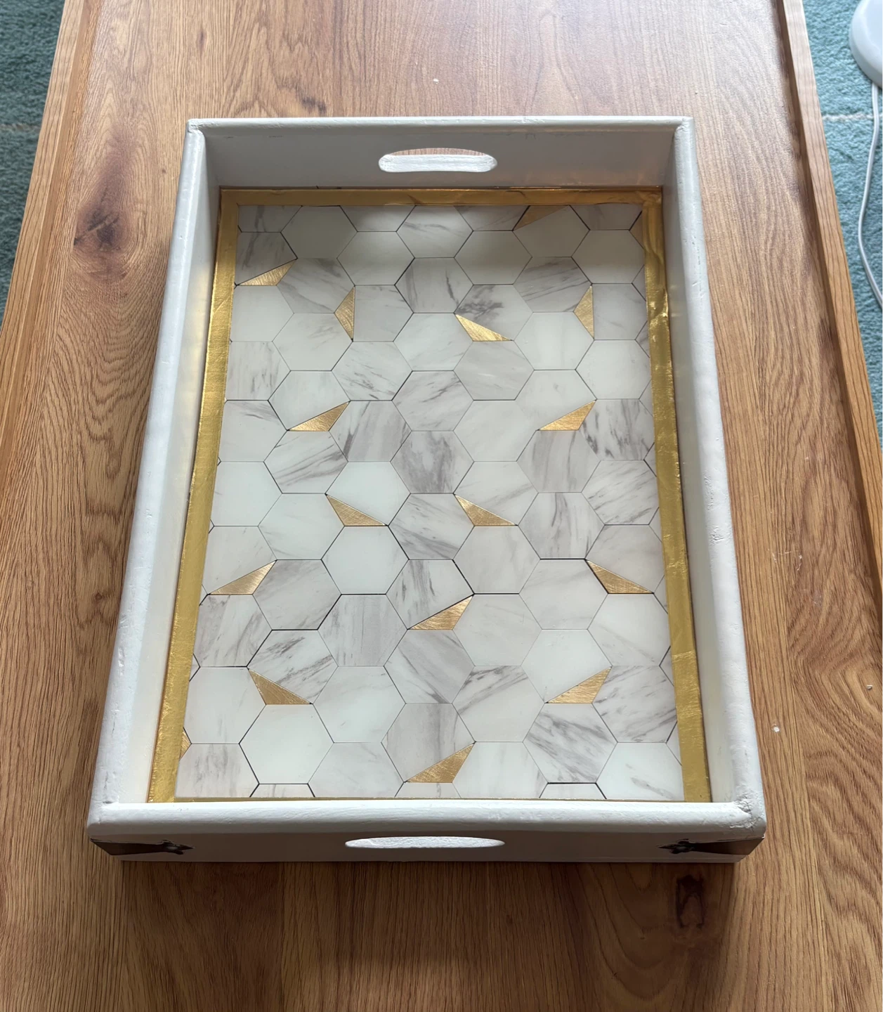 Decorative Serving Tray with Hexagonal Marble and Gold Inlay - photo 3