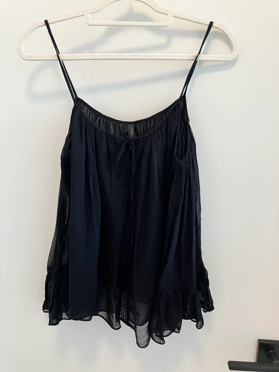 Black TRAFALUC sheer peasant blouse