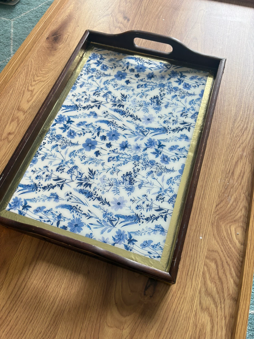 Decorative serving tray with blue floral pattern