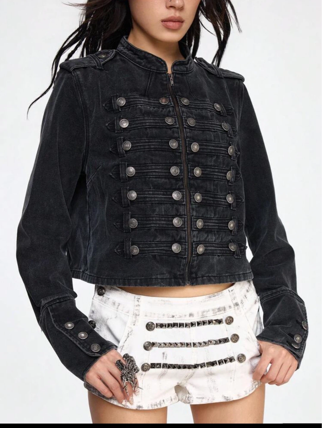 Black Denim Military Style Cropped Jacket