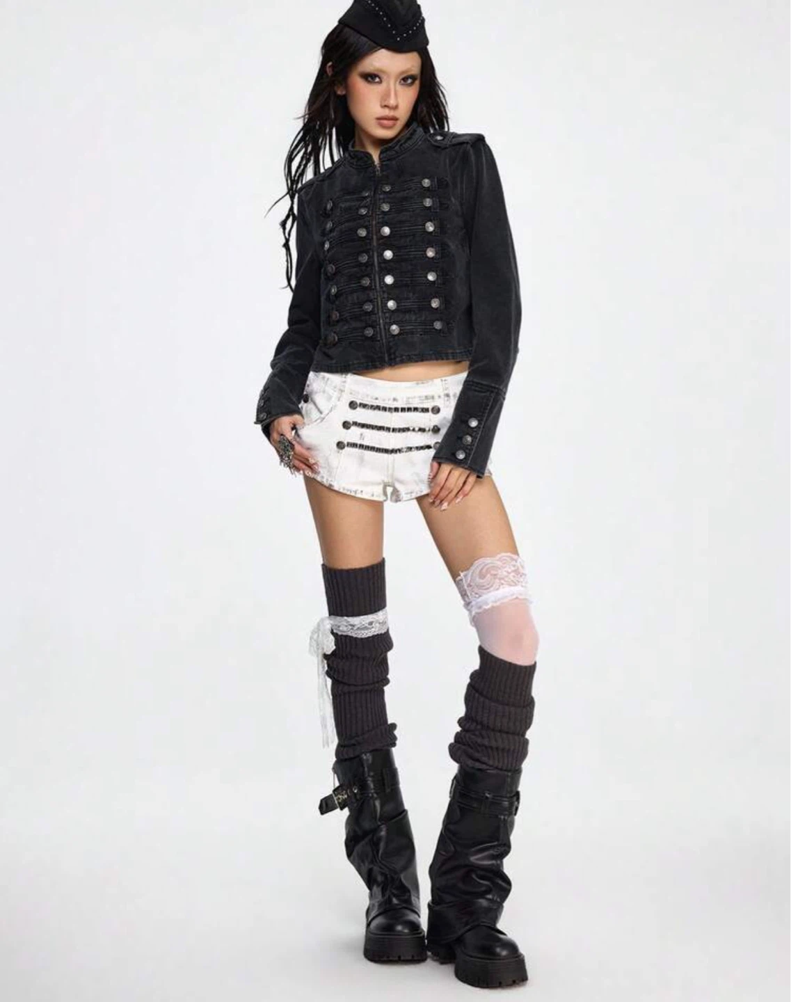 Black Denim Military Style Cropped Jacket - photo 2