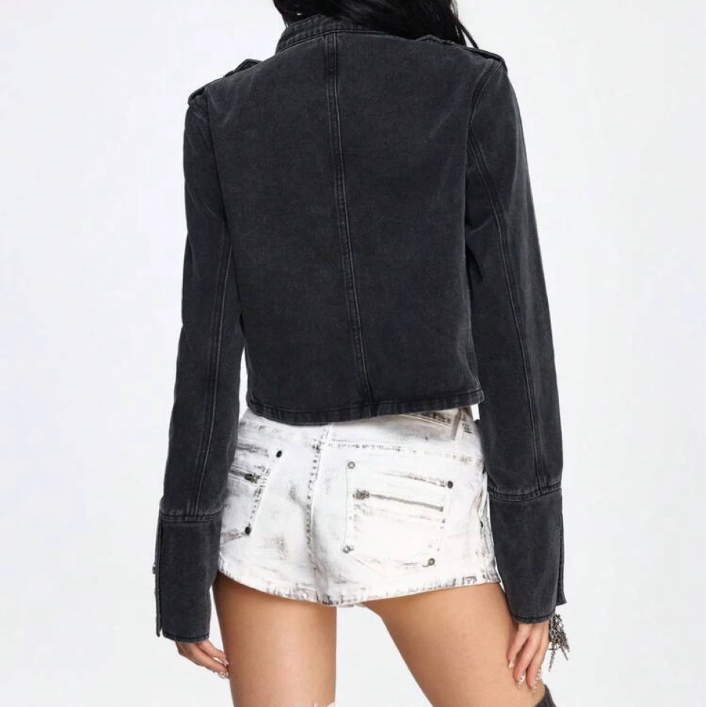 Black Denim Military Style Cropped Jacket - photo 3