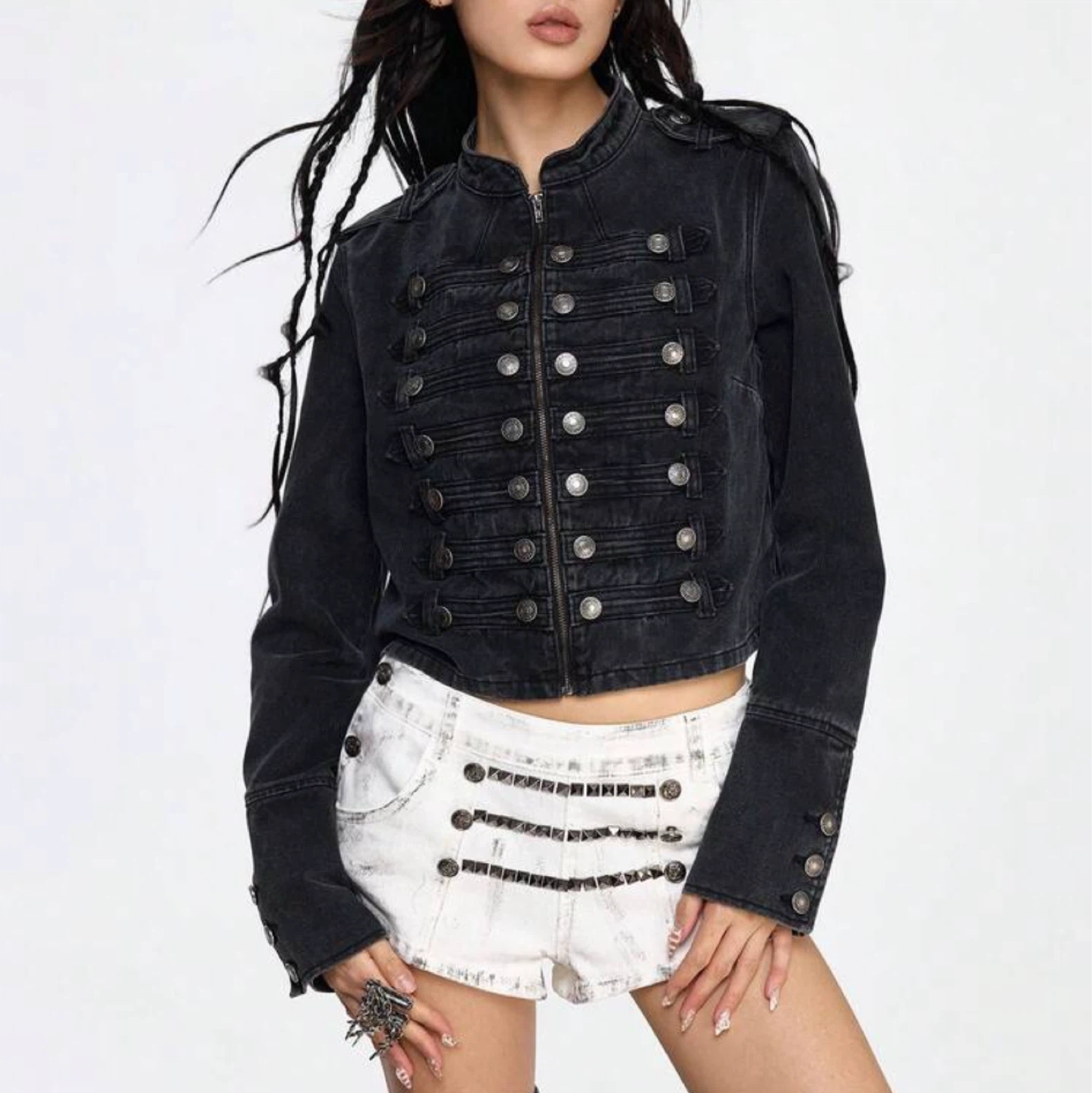 Black Denim Military Style Cropped Jacket - photo 4