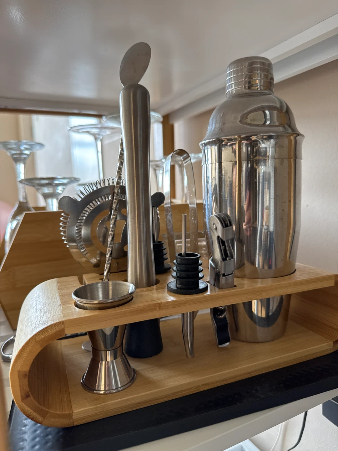 Stainless Steel Cocktail Shaker Bar Tool Set with Wooden Stand
