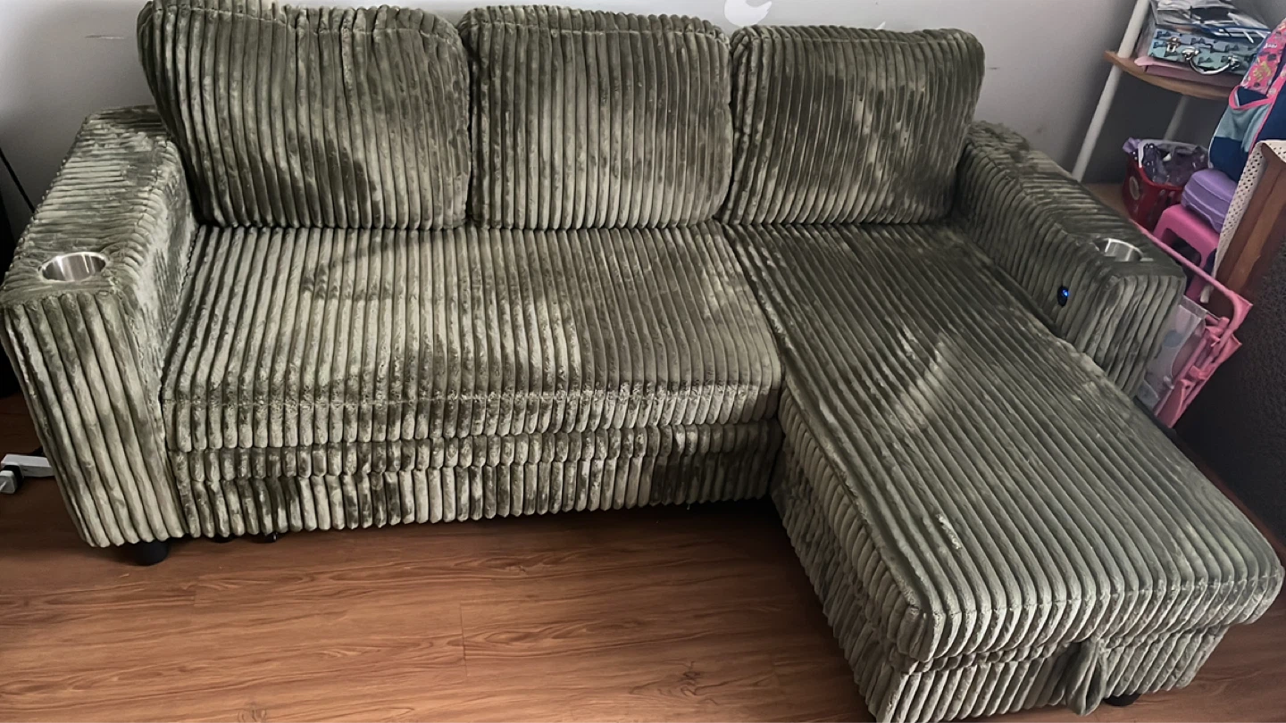 Green Corduroy Sectional Sofa with Cup Holders