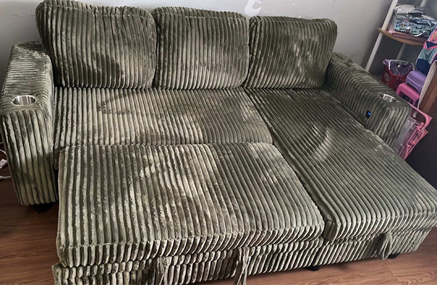 Green Corduroy Sectional Sofa with Cup Holders - photo 3