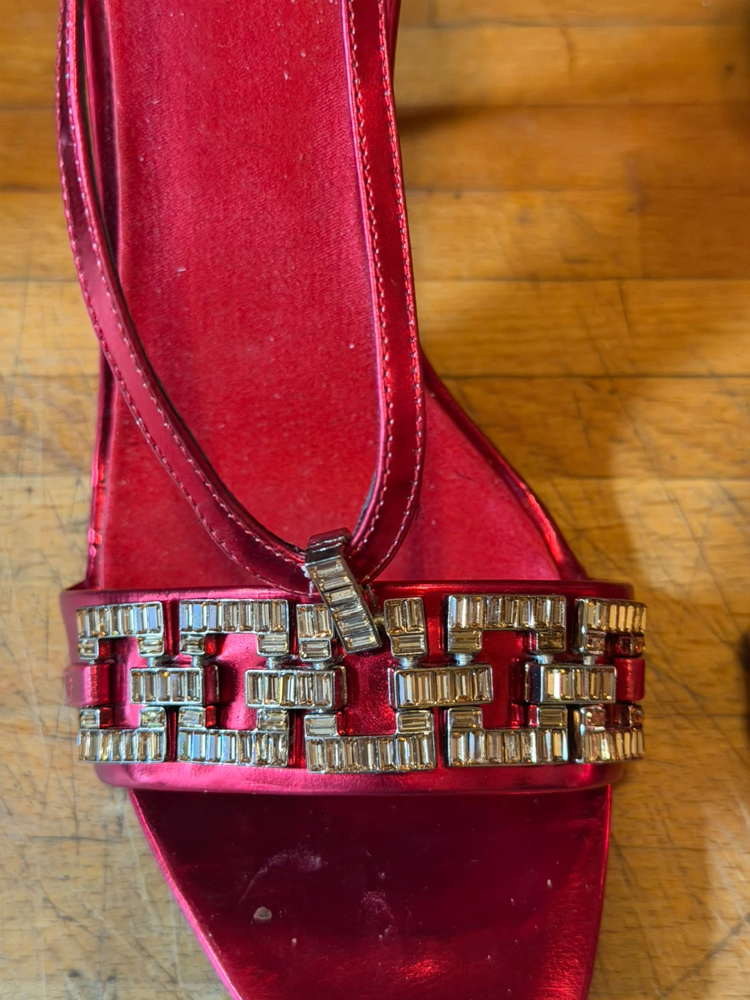 Red Strappy Heels with Rhinestone Embellishments