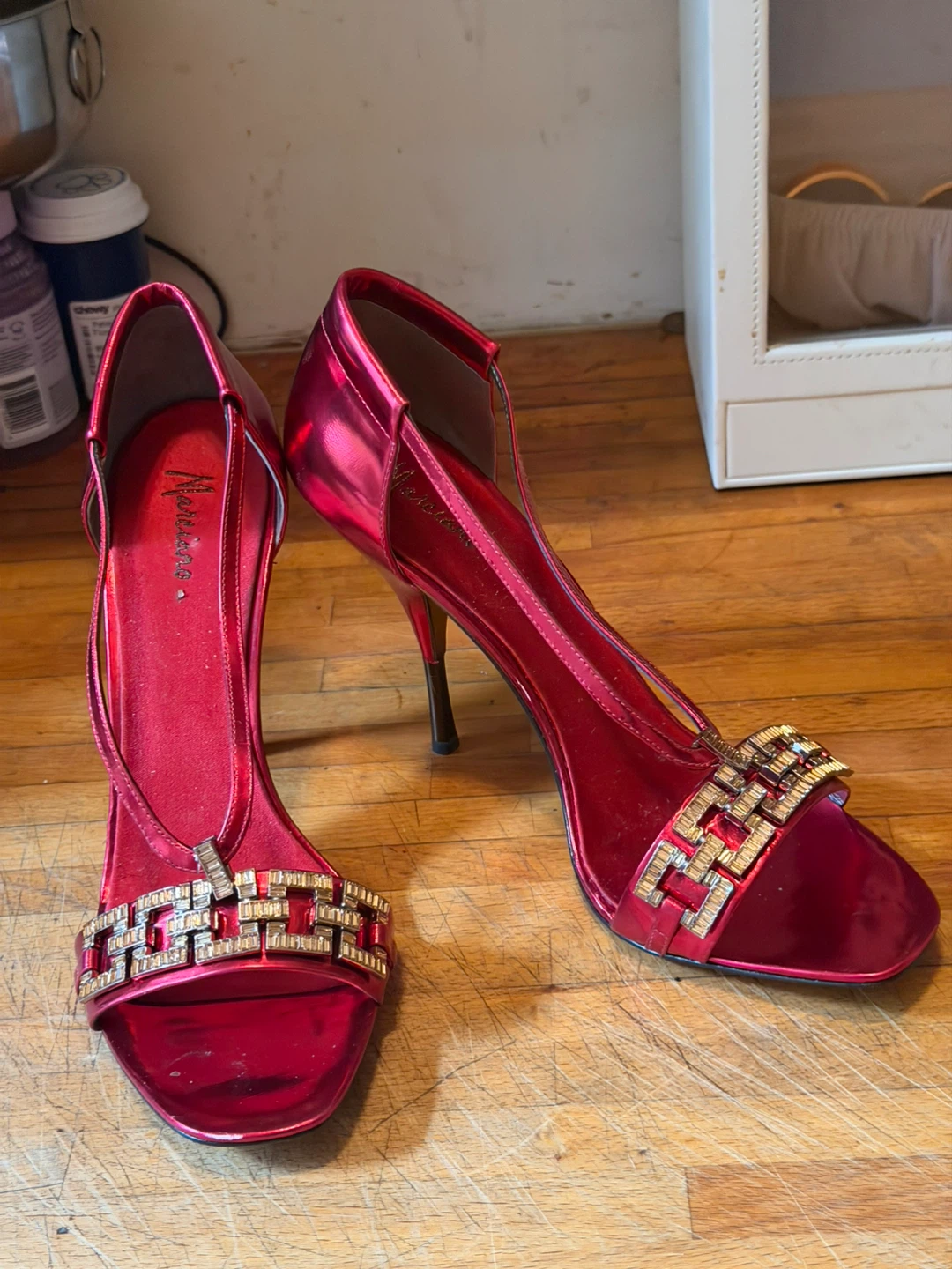 Red Strappy Heels with Rhinestone Embellishments - photo 3