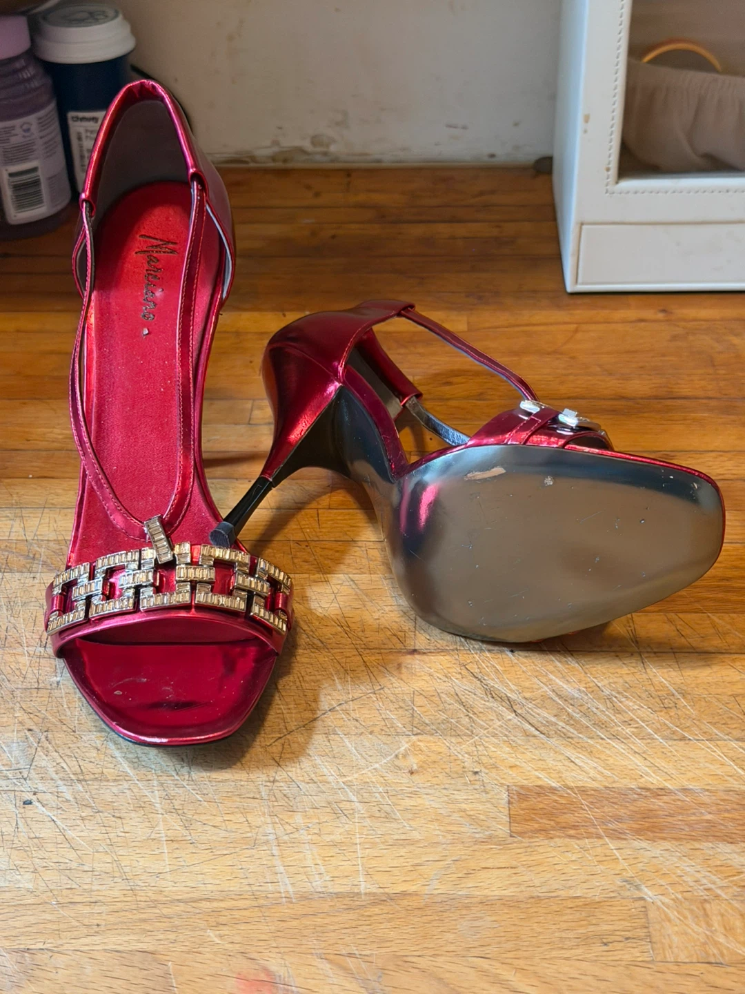 Red Strappy Heels with Rhinestone Embellishments - photo 2