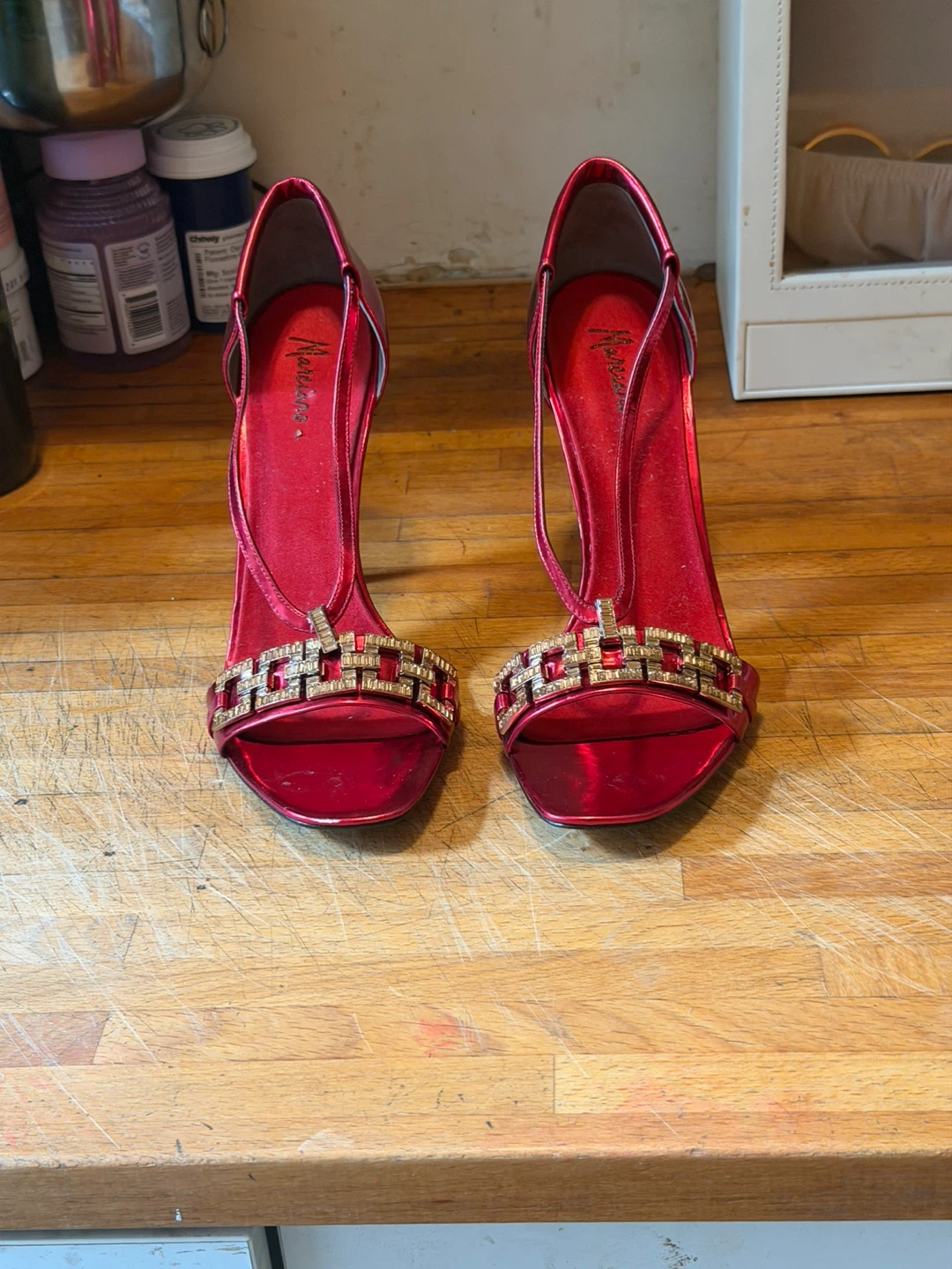 Red Strappy Heels with Rhinestone Embellishments - photo 4