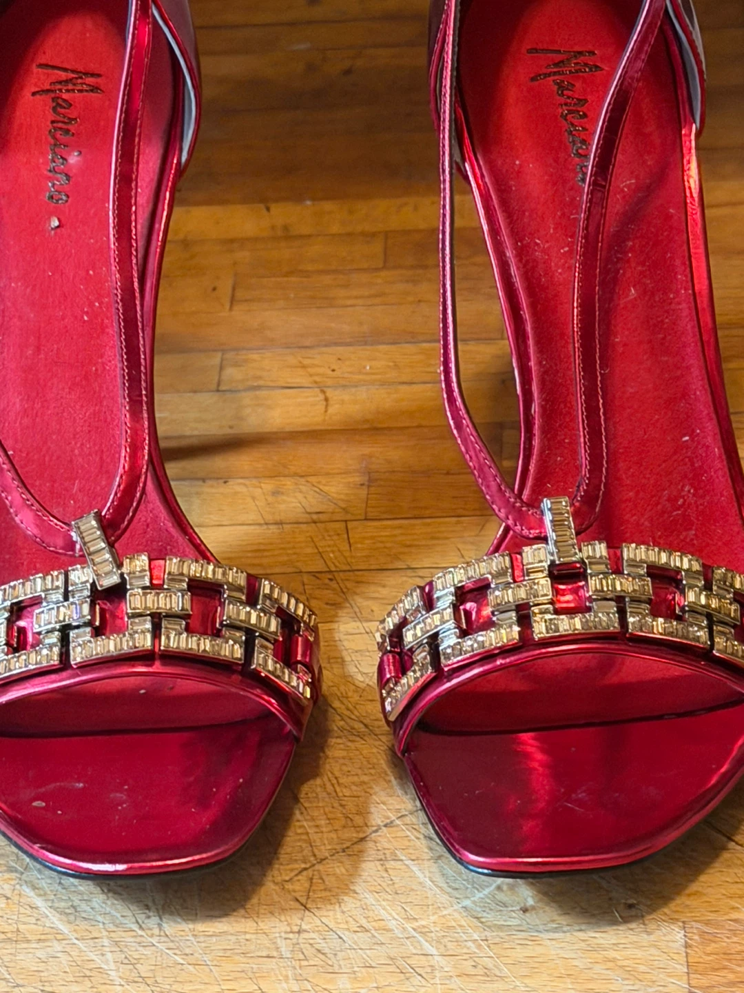 Red Strappy Heels with Rhinestone Embellishments - photo 5