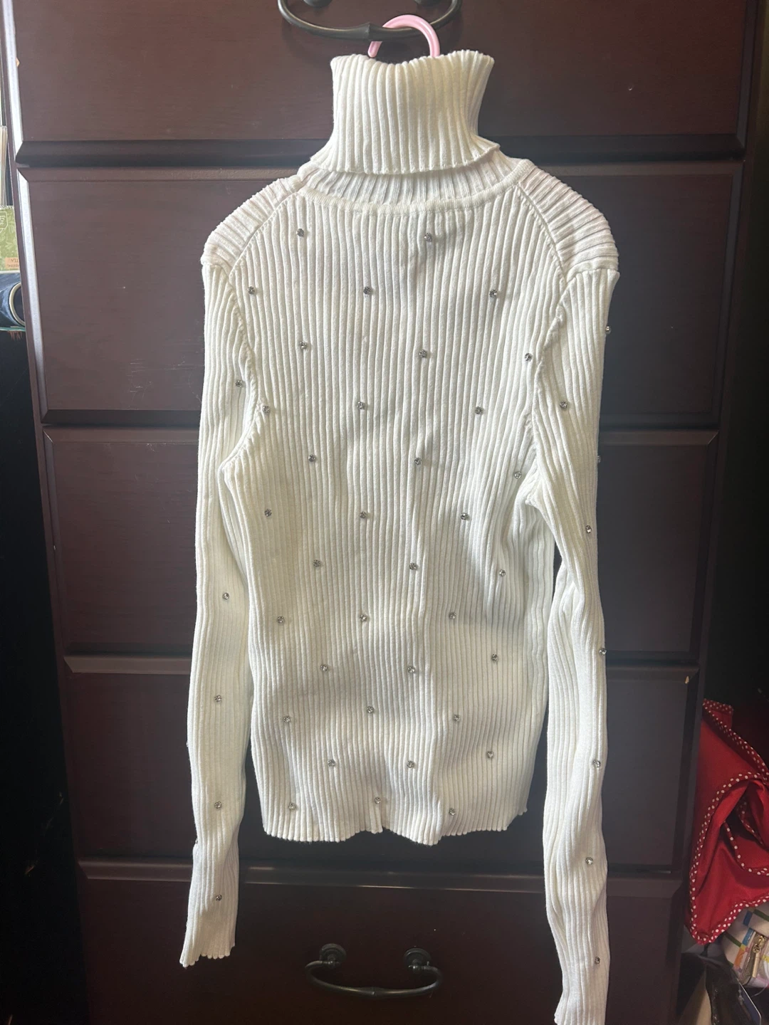 Zara White Ribbed Turtleneck Sweater with Rhinestones